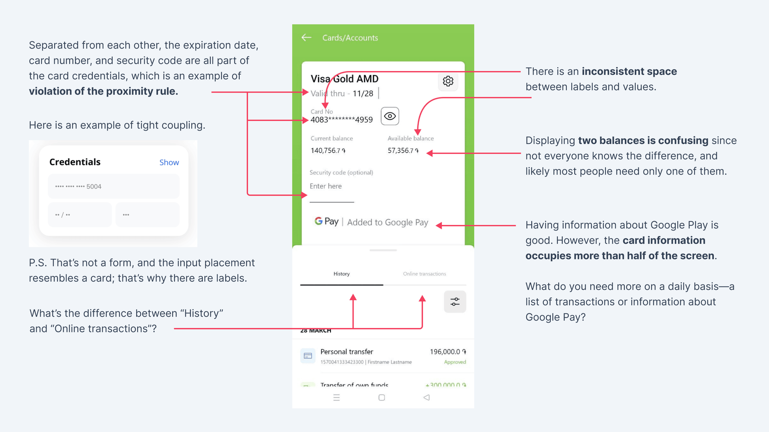 Bank app card details screen
