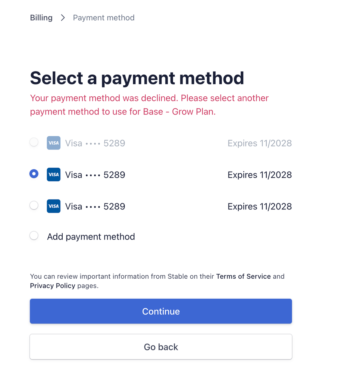 Payment methods list with duplicates