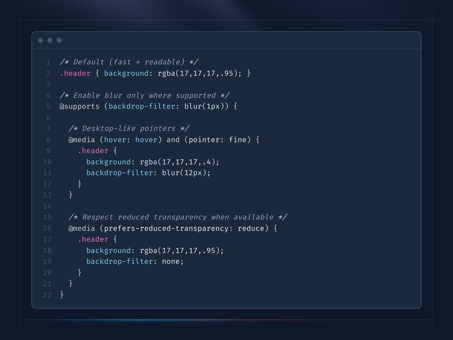 CSS combo for accessibility, performance, and browser support