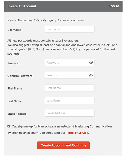 Initial sign-up form screenshot