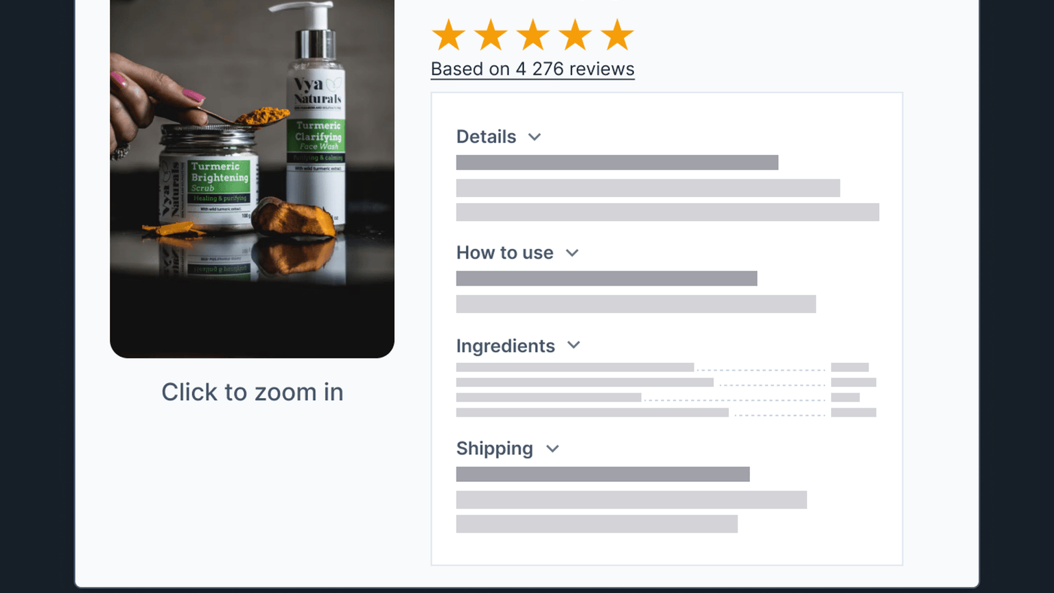 Product page with horizontal tabs