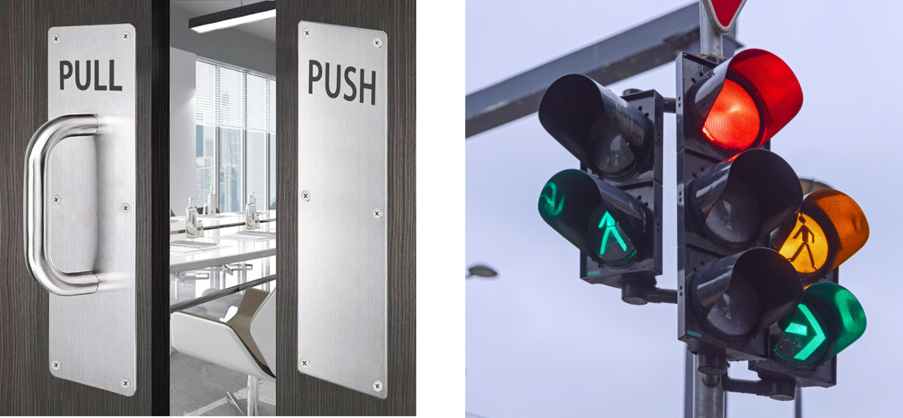 Labels of doors that work as signifiers. And traffic lights with additional signs that also work as signifiers.