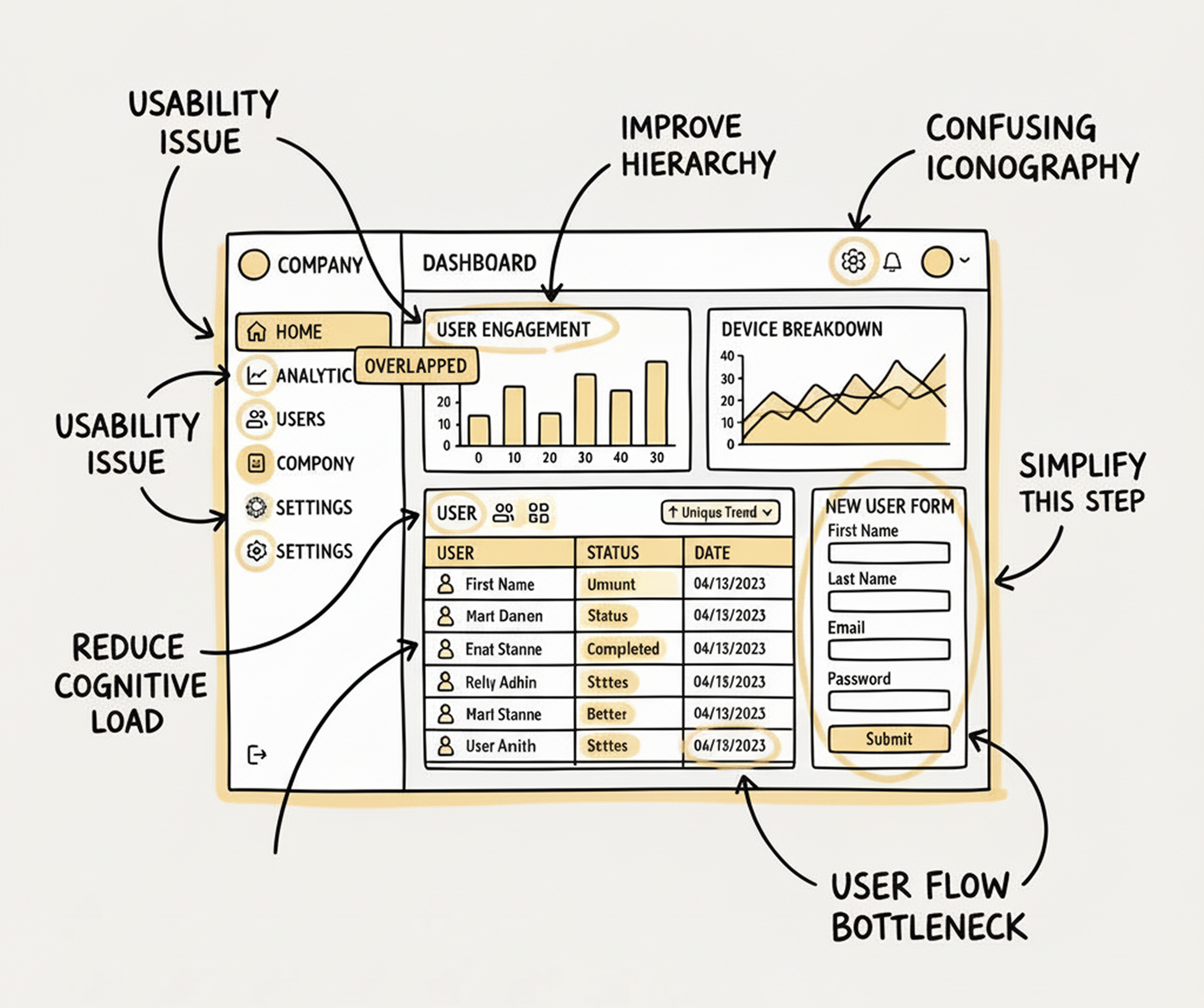 Annotated dashboard mockup with UI/UX feedback callouts.